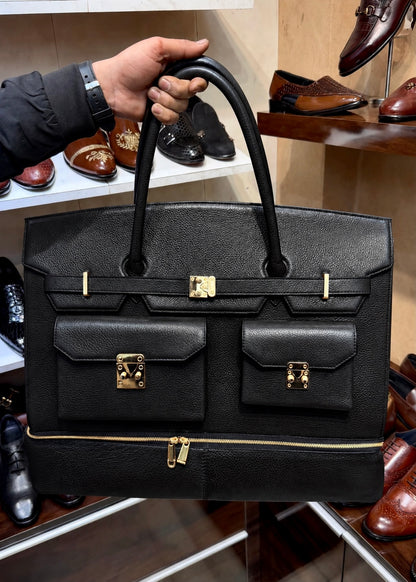 Black Full Grain Leather Travel Bag with Bottom Shoe Compartment