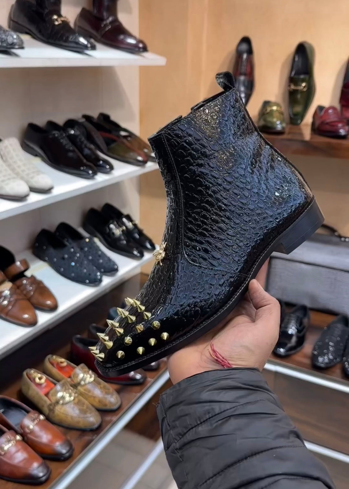 Patent Baby Crocodile Studded Toe Zip Boots