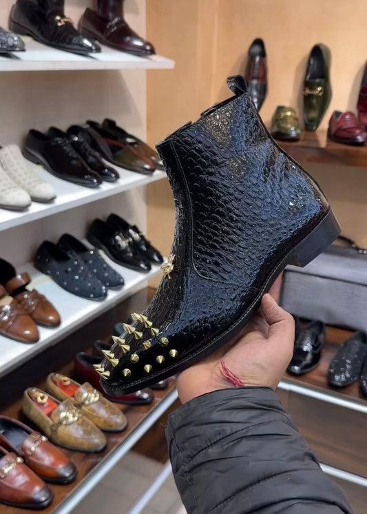 Patent Baby Crocodile Studded Toe Zip Boots