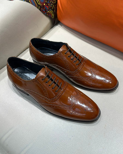 Tan Brown Wingtip Oxfords in Smooth Calf Leather