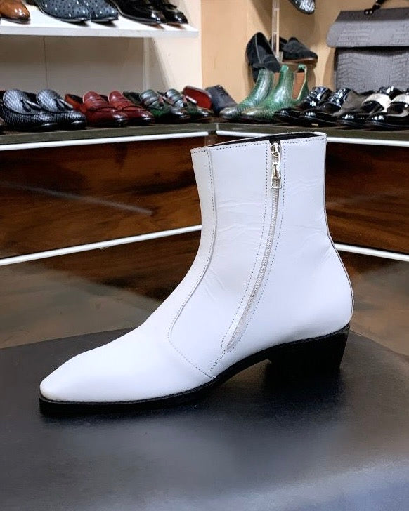 White Calfskin Leather Cuban Heel Boots With Zip