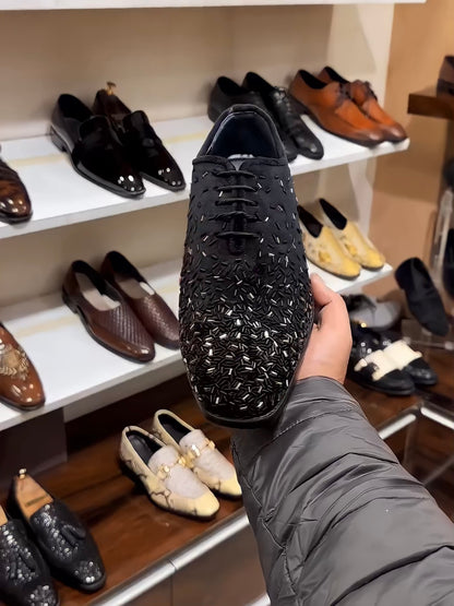 Black N Gold Embroidery Black Suede Oxfords