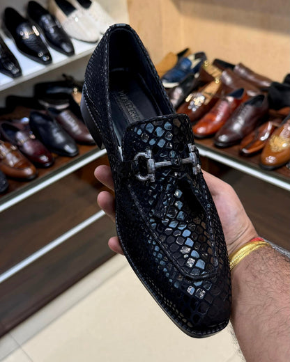 Signature Black Snake Foil Horsebit Tassel Loafers