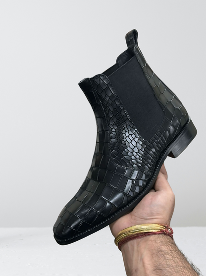 Classic Black Smooth Crocodile Scaled Chelsea Boots