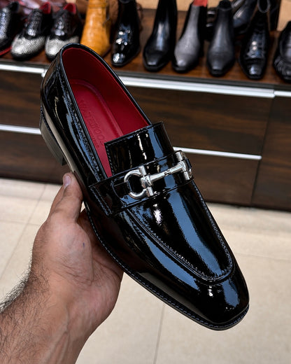 Black Patent Leather Silver Horsebit Loafers With Red Interior
