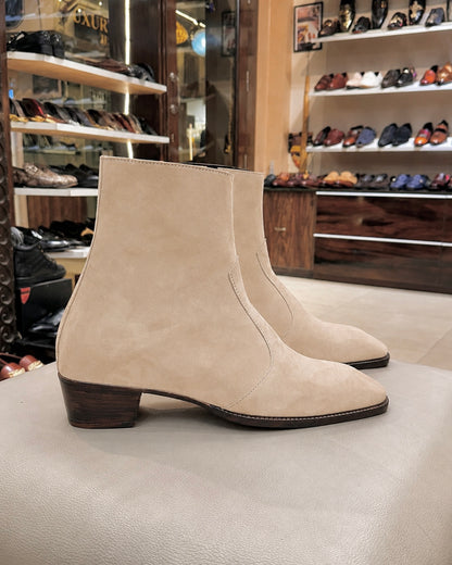 High-top Beige Suede Boots With Cuban Heel