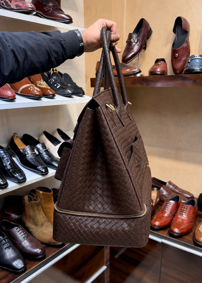 Dark Brown Hand-Woven Leather Travel Bag with Bottom Shoe Compartment