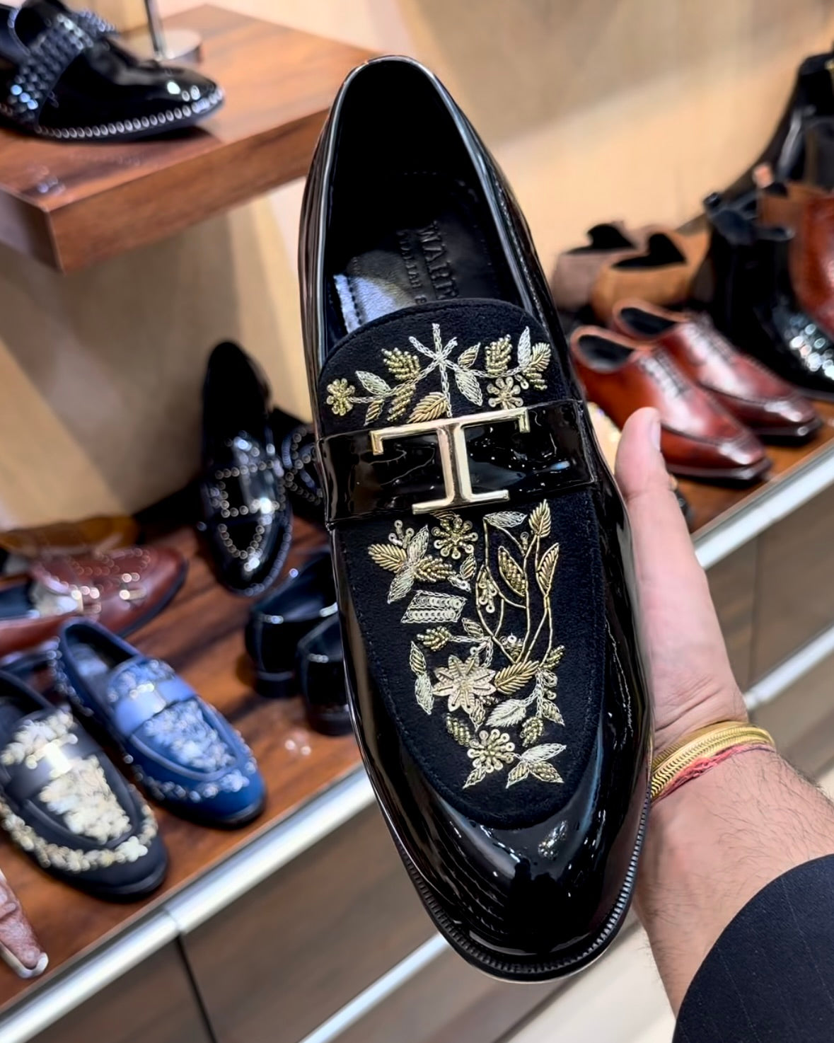 Black Patent Leather Gold Hand-embroidered Spectator Loafers