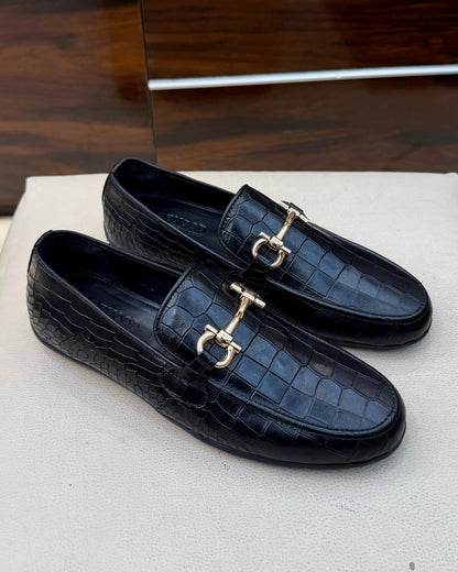 Black Crocodile Scaled Horsebit Driving Loafers