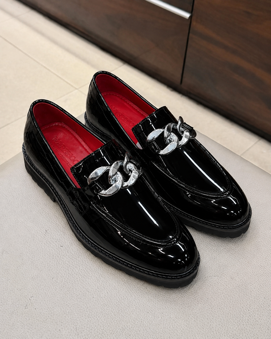 Black Patent Leather Silver Chain Buckle Loafers With Lug Sole And Red Interior