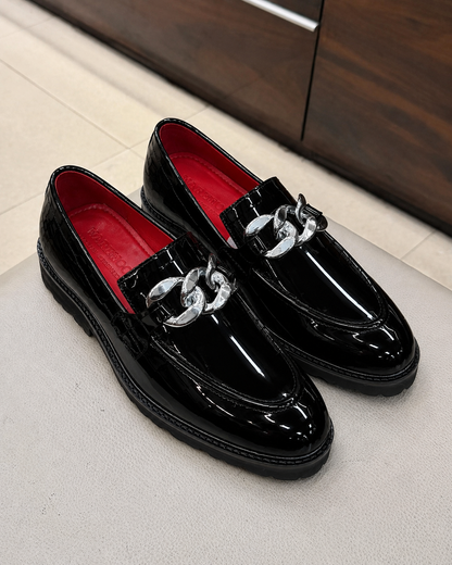 Black Patent Leather Silver Chain Buckle Loafers With Lug Sole And Red Interior