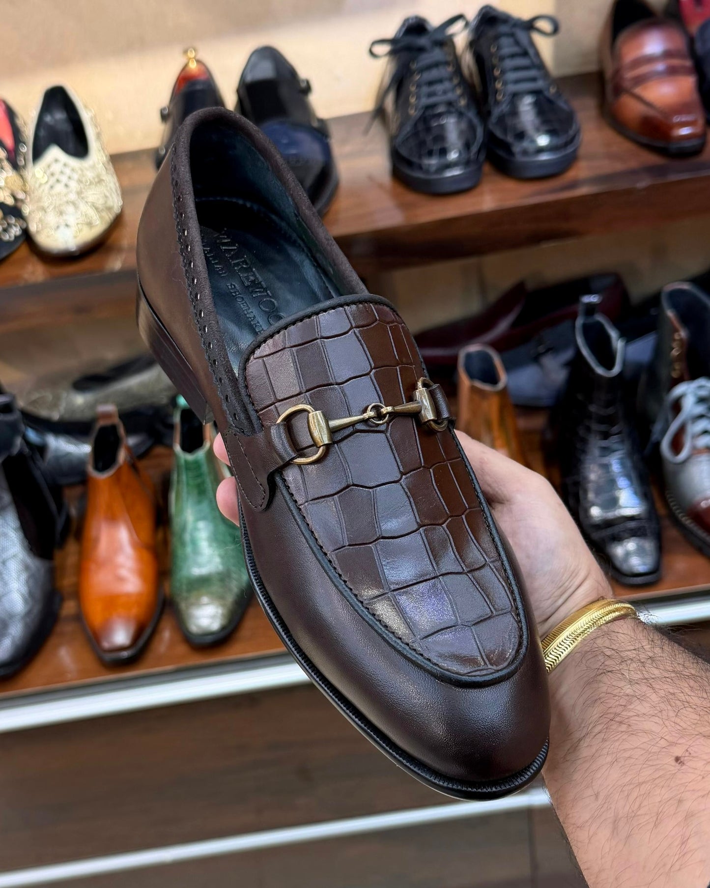 Coffee Brown Crocodile Scaled Antique Horsebit Loafers
