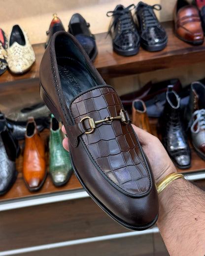 Coffee Brown Crocodile Scaled Antique Horsebit Loafers