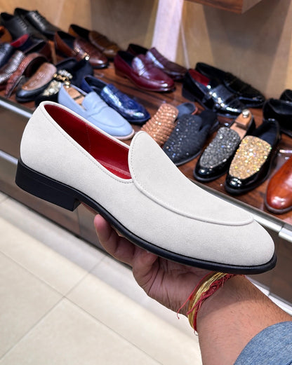 White Suede Belgian Loafers With Red Interior