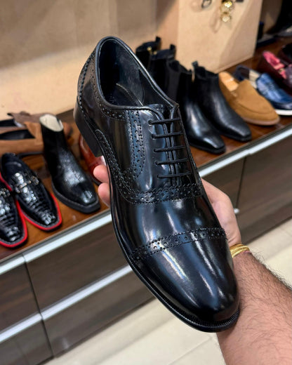 Black Cap Toe Oxfords in Smooth Calf Leather