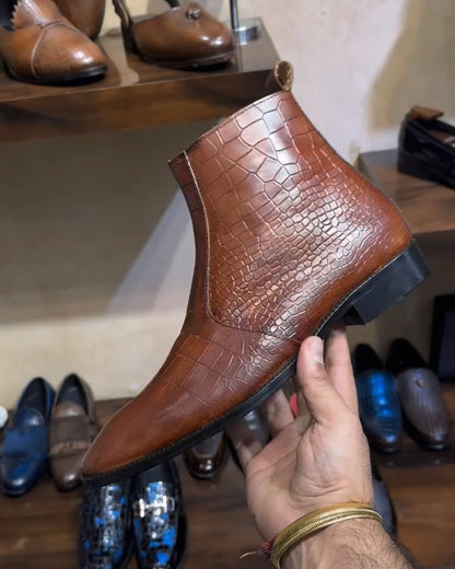 Tan Patina Crocodile Scaled Zipper Boots