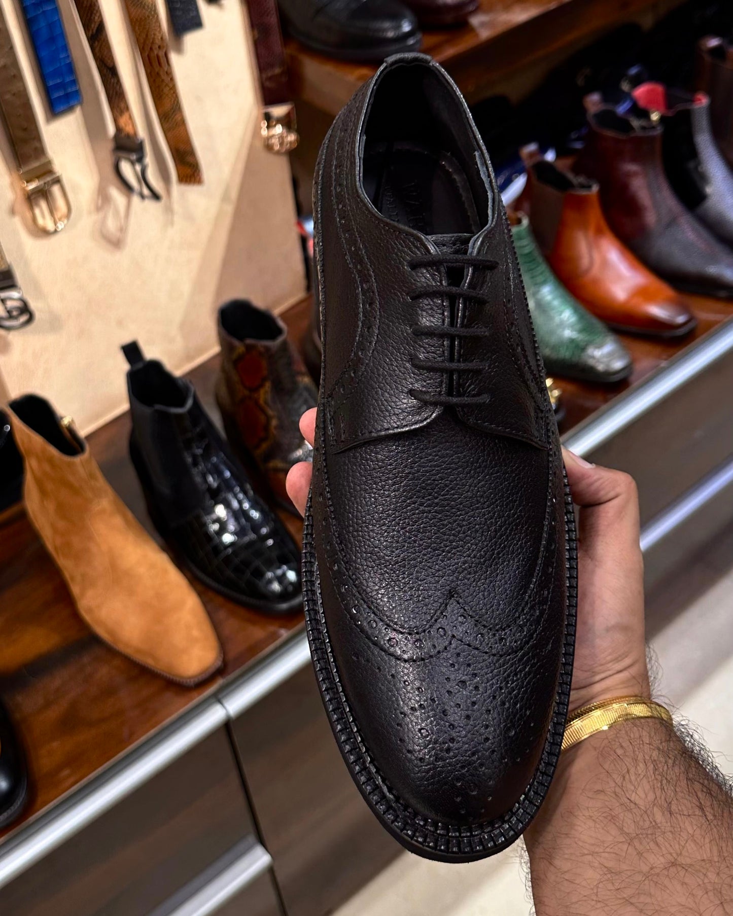 Classic Black Pebble Grain Leather Longwing Brogues