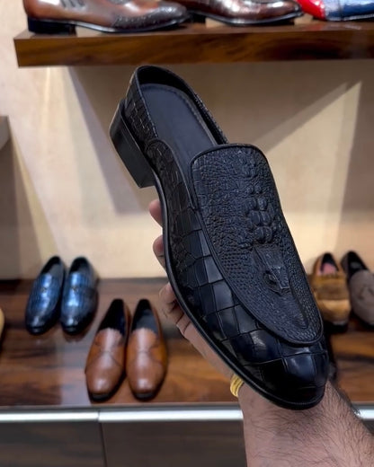 The Boss Mules in Satin Black Alligator Scaled Leather