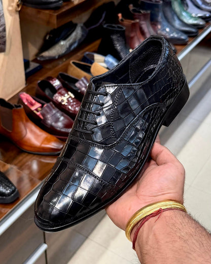 Black Smooth Crocodile Scaled Cap Toe Oxfords