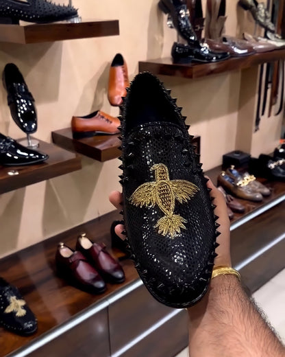 Charcoal Black Phoenix Embroidered Studded Moccasins
