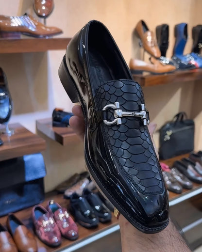 Black Patent Cobra Scaled Moccasins with Silver Metal Buckle