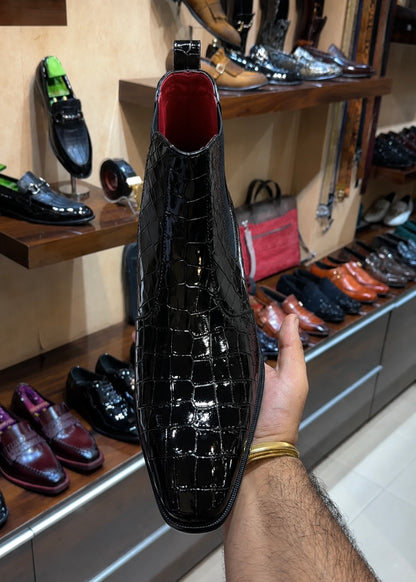 Black Patent Croc Chelsea Boots