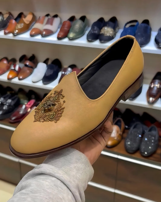 Beige Goat Leather Embroidery Mojaris with Brown Sole