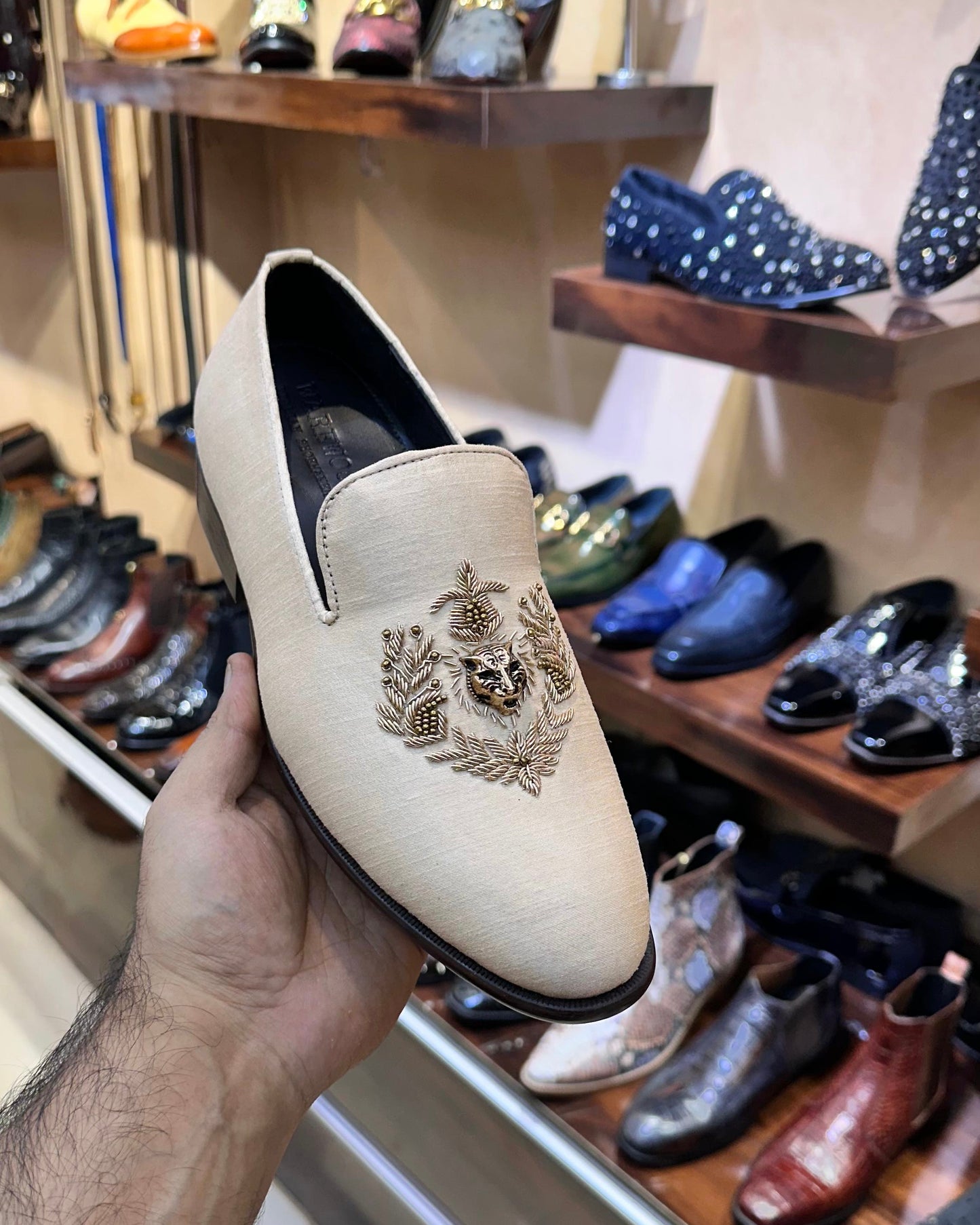 Gold Zardozi Work on Beige Silk Moccasins