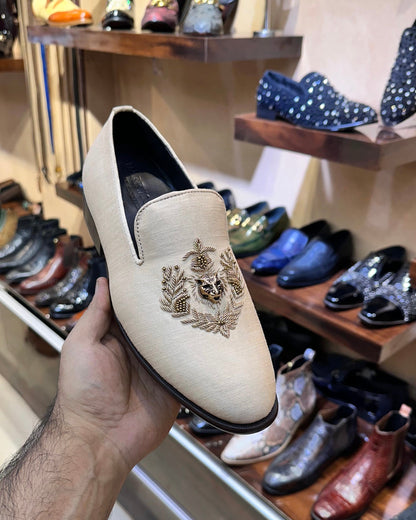 Gold Zardozi Work on Beige Silk Moccasins