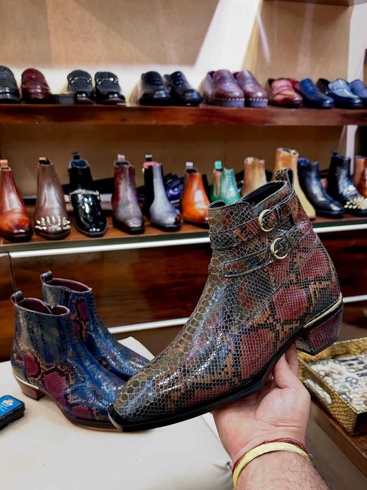 Exotic Snake Pattern Double Buckle Strap Boots with Cuban Heel