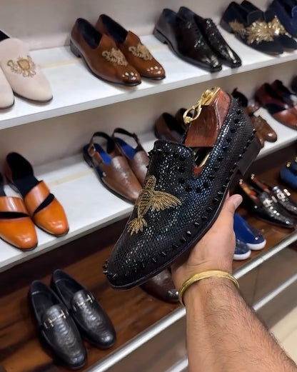 Signature Snake Foil Studded Bird Embroidery Slip-ons