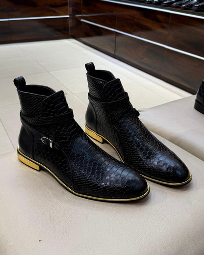 Black Cobra Scaled Jodhpur Boots with Gold Heel & Side Welt