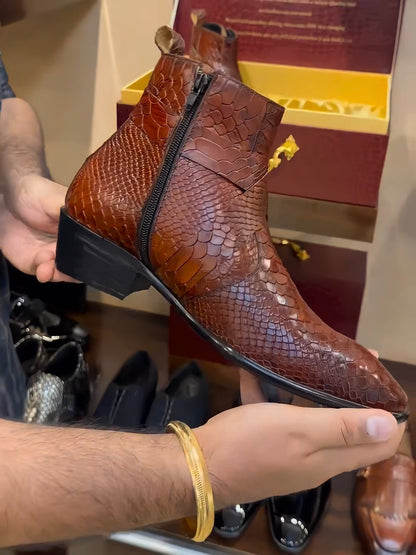Tan Cobra Scaled Cuban Heel Zip Boots