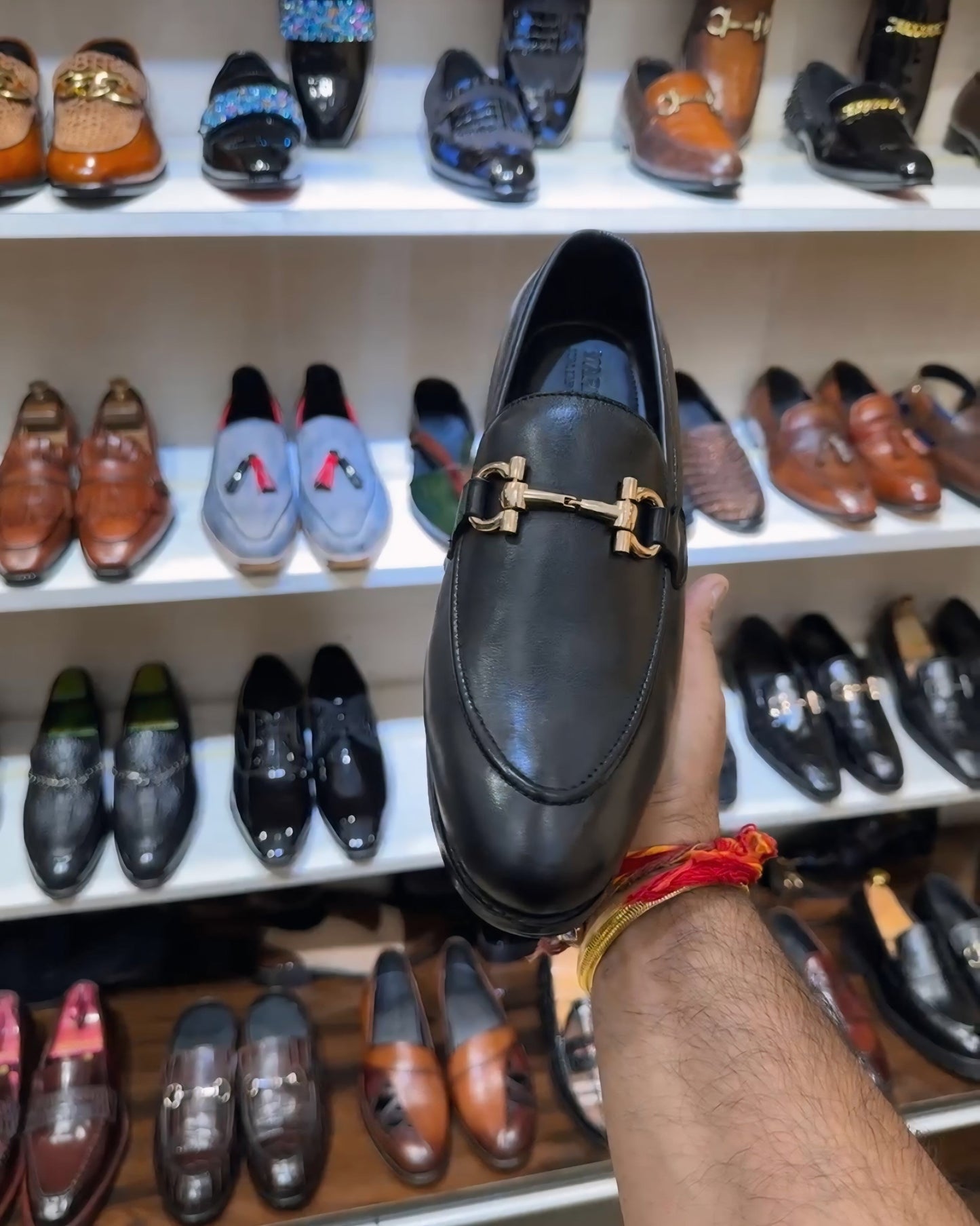 Classic Black Calf Skin Leather Loafers with Gold Buckle