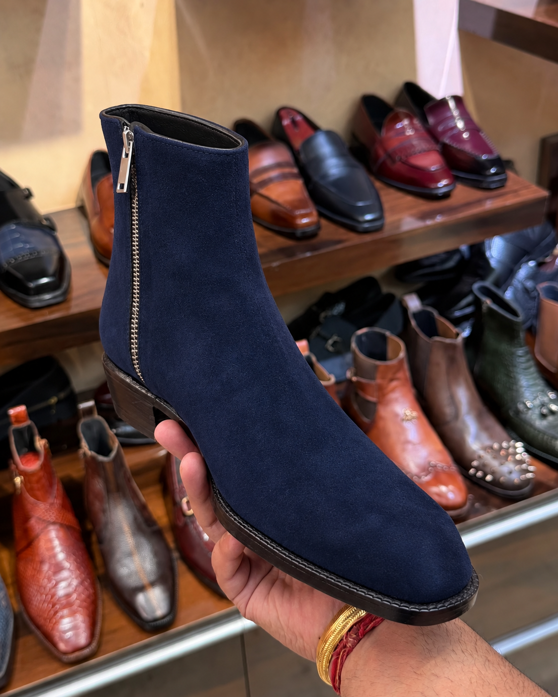 High-top Navy Blue Suede Boots With Cuban Heel