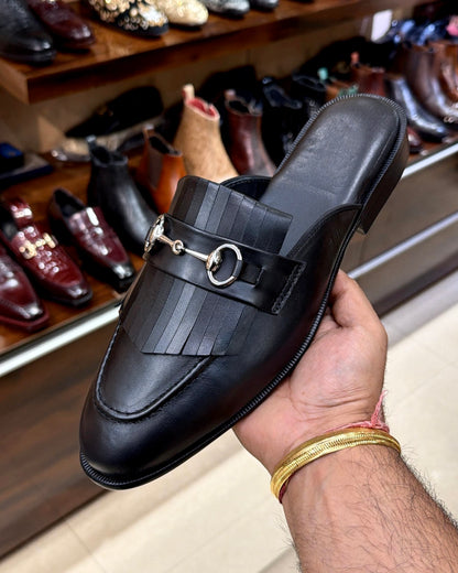 Black Italian Leather Fringes Mules with Silver Horsebit