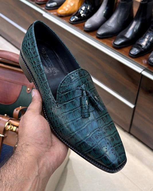 Burnished Green Croco Tassel Loafers