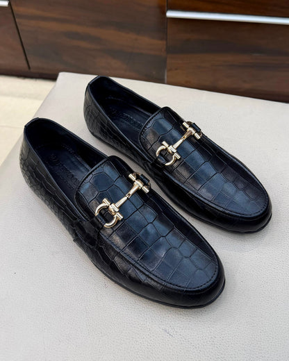 Black Crocodile Scaled Horsebit Driving Loafers