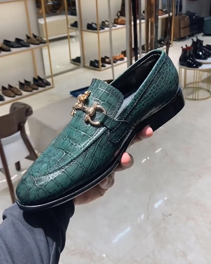Green Crocodile Scaled Moccasins with Bee