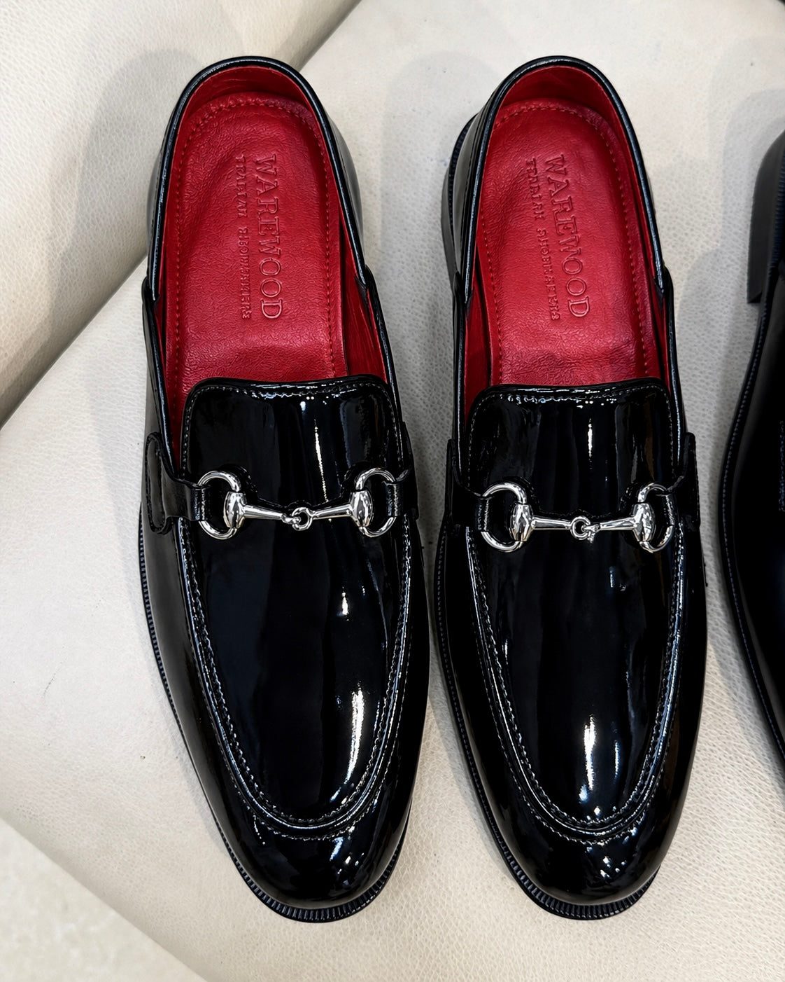 Black Patent Leather Mules With Silver Horsebit And Red Interior