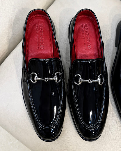 Black Patent Leather Mules With Silver Horsebit And Red Interior
