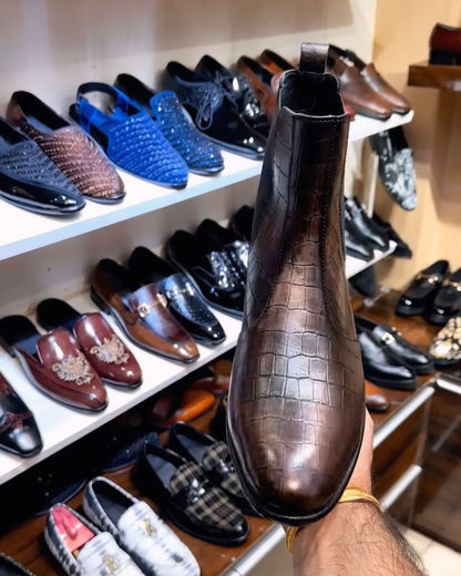 Metallic Brown Crocodile Scaled Chelsea Boots