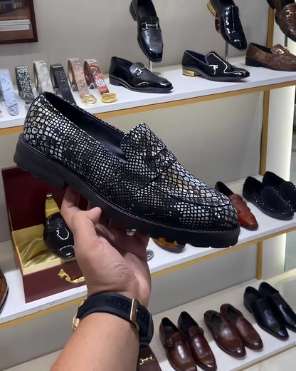Exotic Grey Snake Foil Boot-sole Penny Moccasins