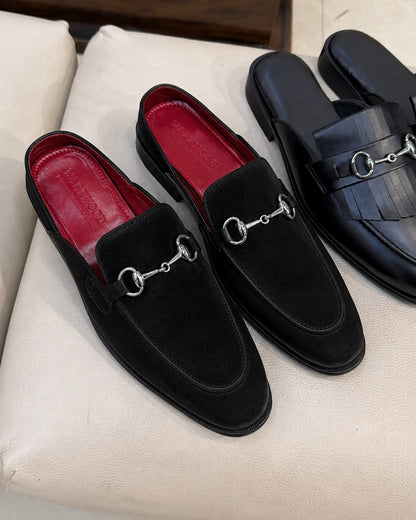 Black Suede Mules With Silver Horsebit And Red Interior