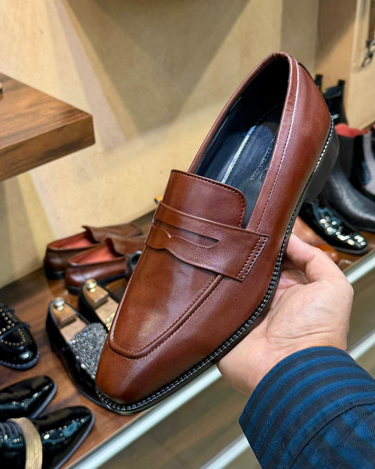 Dark Tan Penny Loafers with Square Toe