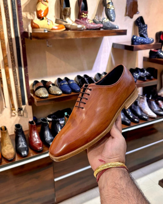 Sun Tan Patina Whole-cut Oxfords with Wood Sole