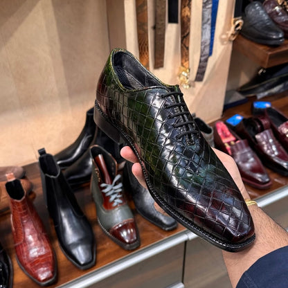 Dark Green & Burgundy Criss-cross Leather Whole-cut Oxfords