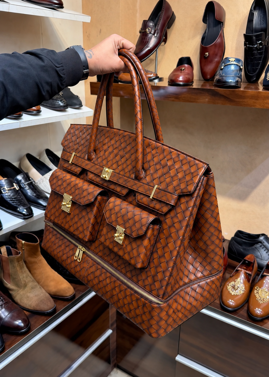Burnished Tan Hand-Woven Leather Travel Bag with Bottom Shoe Compartment