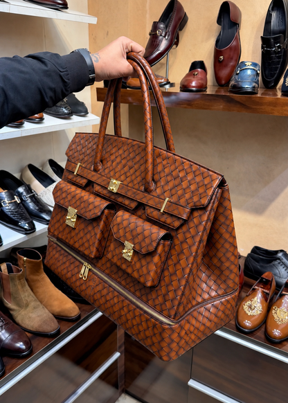 Burnished Tan Hand-Woven Leather Travel Bag with Bottom Shoe Compartment