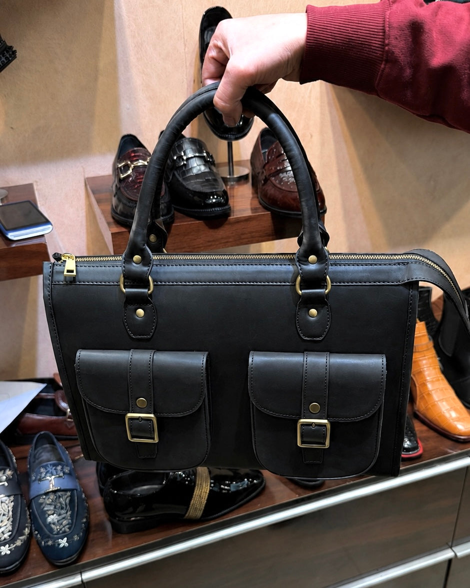 Black Calfskin Leather Business Laptop Bag